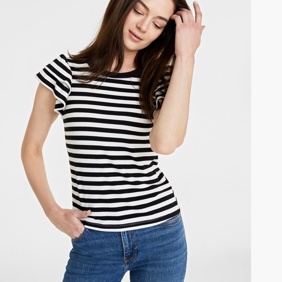 ON 34th black-white stripe ribbed woman Flutter sleeve classic woman top NWT L - Picture 1 of 12